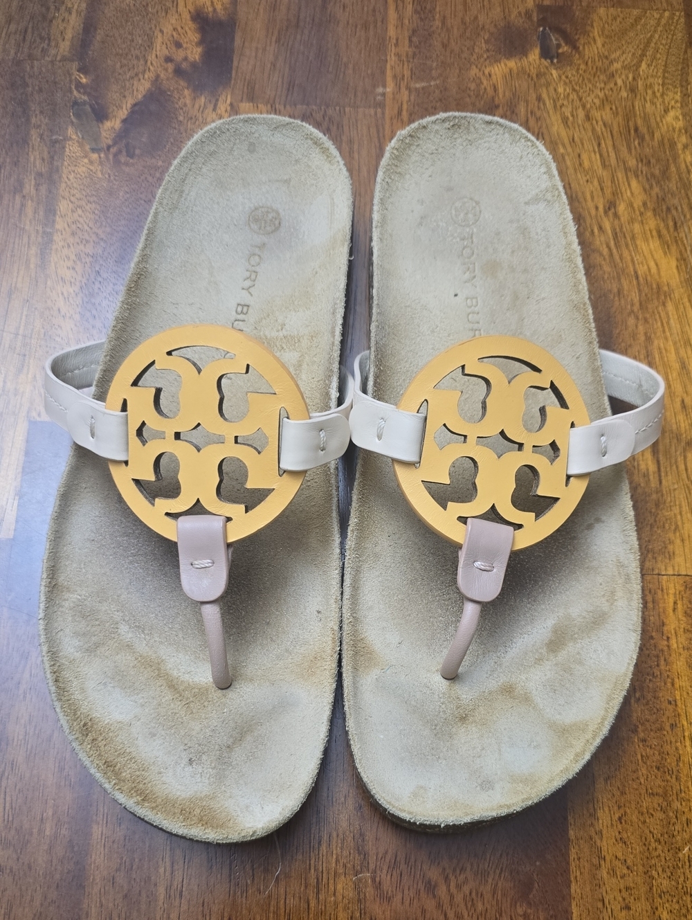 Tory Burch Beige Leather Sandals with Gold Logo Discs